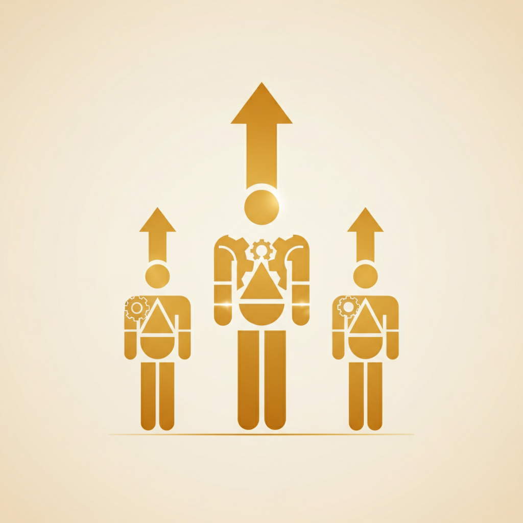Ilustración abstracta con siluetas humanas doradas evolucionando junto a engranajes, representando la transformación de roles