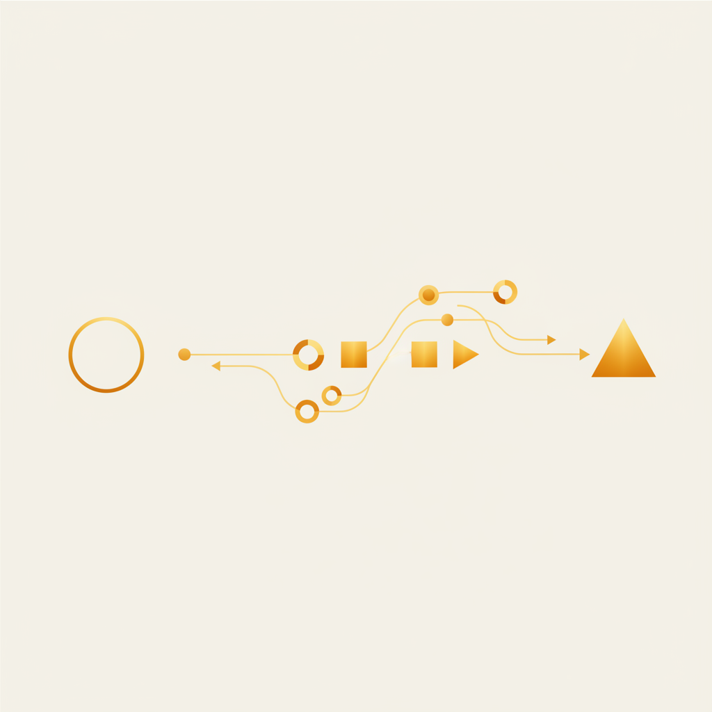 Ilustración abstracta con una línea de tiempo dorada mostrando las fases de implementación de automatización